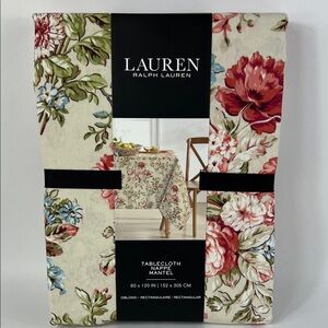 Ralph Lauren Tablecloth Pink Cream Green Floral Botanical Cotton 60 x 120 NEW